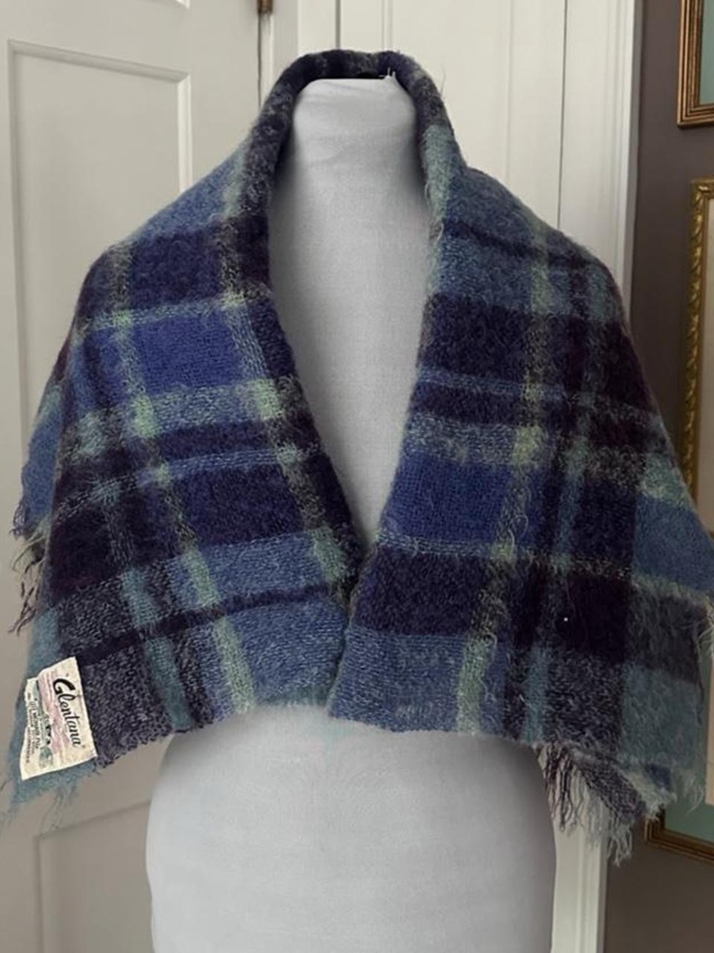 Glentana vintage blue plaid mohair & wool winter scarf shawl